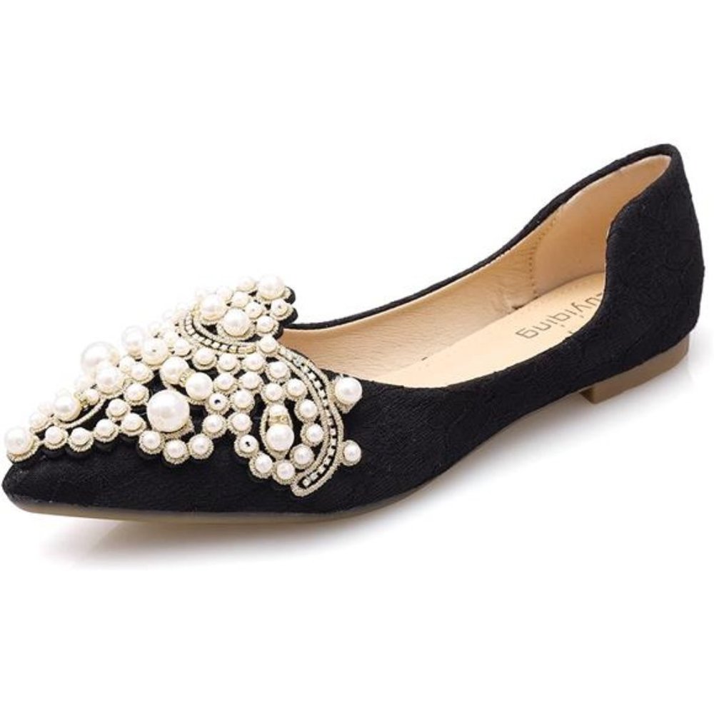 Pearl Decoration Flat Pointed Shoes Black